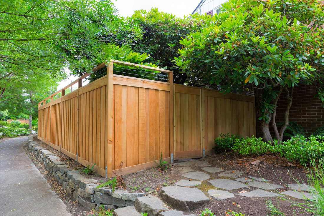 solid wood fence with plants on the side